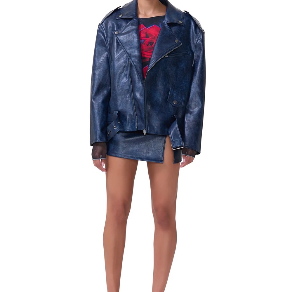 AFRM Blue Leather Jacket with Classic Collar and Distressed Texture